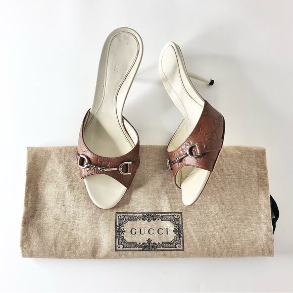 Gucci Retro Vintage Horsebit Monogram Leather Slip On Mules Slides Sandals 36 - Picture 1 of 13